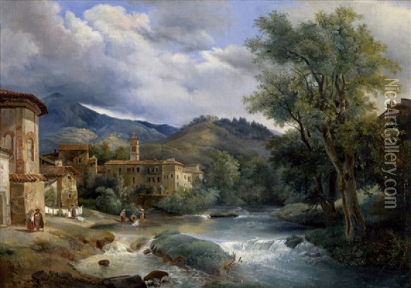 Wascherinnen An Einem Flus In Einem Oberitalienischen Dorf Oil Painting - Luigi Vanvitelli