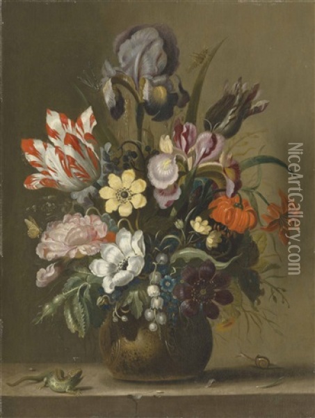 Flowers In A Stoneware Vase On A Ledge With A Lizard And A Snail Oil Painting - Jacob Marrel