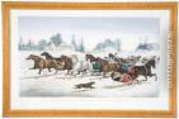 Trotting Cracks On The Snow Oil Painting - Currier & Ives Publishers