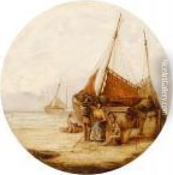 Coastal Luggers On The Beach Oil Painting - Snr William Shayer
