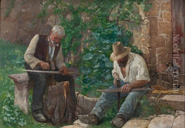 Zwei Manner Beim Dengeln Oil Painting - Gustave Jeanneret