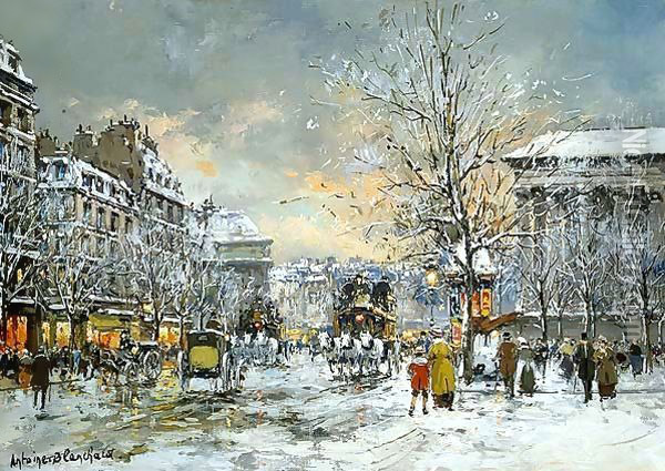 Omnibus at the Place de la Madeleine Winter Oil Painting - Agost Benkhard
