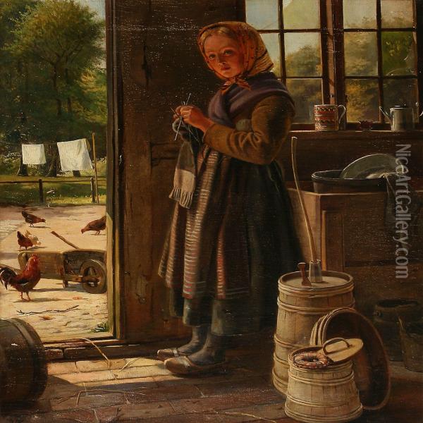 A Girl Knitting Near A Door Oil Painting - Isidor Kalckar
