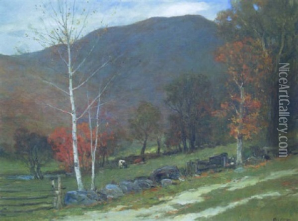 Cows Grazing In An Autumn Landscape Oil Painting - Charles Paul Gruppe