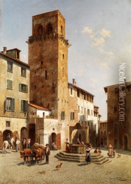 Platz In San Gimignano Oil Painting - Jacques Francois Carabain