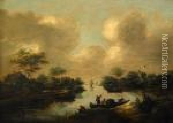 Landskap Med Fiskande Bonder Oil Painting - Claes Molenaar (see Molenaer)