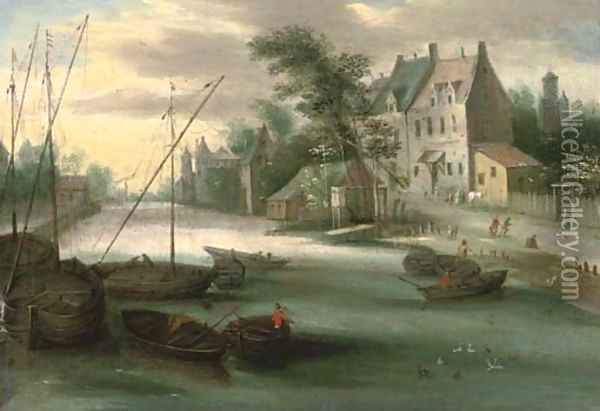 A riverside town with boats in the foreground Oil Painting - Jan Brueghel the Younger