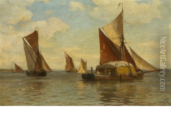 Haybarges At The Mouth Of The Thames (+ Sunlit Fjord Scene, 1924; 2 Works) Oil Painting - Laurits Bernhard Holst