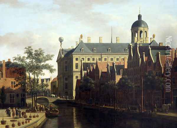 The Nieuwezijds Voorburgwal with the Flower Market in Amsterdam Oil Painting - Gerrit Adriaensz Berckheyde