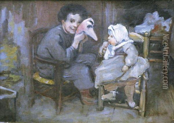 Homme Distrayant Un Enfant Oil Painting - Marcellin Desboutin