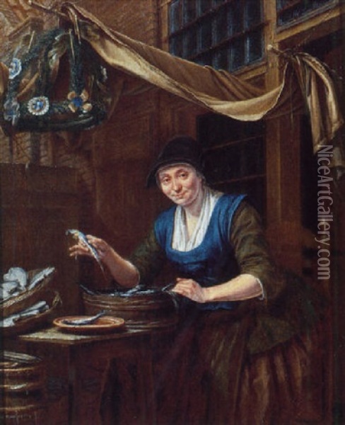 A Woman Cleaning Fish At The Entrance Of A Townhouse Oil Painting - Gerrit Zegelaar