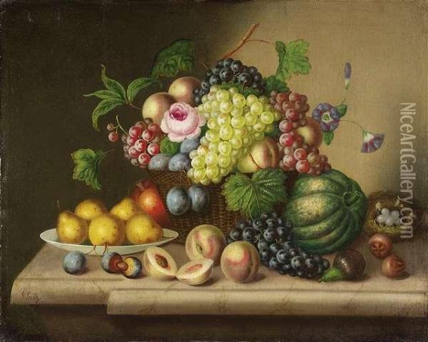 Still-life With Fruit And 
Flowers On A Marble Plate. Still-life With Fruit, Flowers And A Parakeet
 On A Marble Plate. A Pair. Oil/canvas, The First One Signed Oil Painting - Georg Seitz