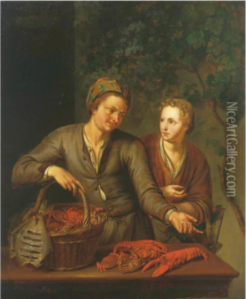 A Fishmonger Selling Crabs To A Lady Oil Painting - Willem van Mieris