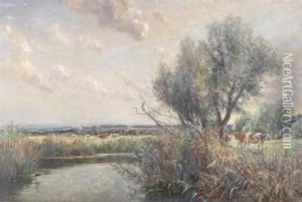 River Landscape With Cattle On The Banks Oil Painting - Frederick William N. Whitehead