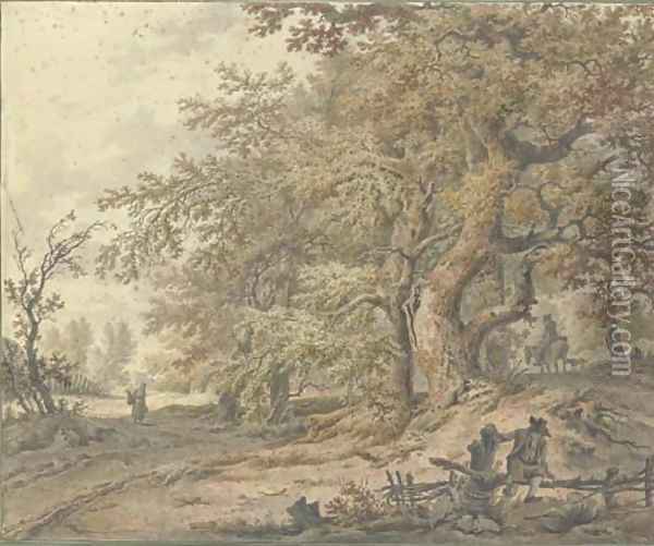 A forest with a traveller on a horse, a woman carrying a basket Oil Painting - Pieter Barbiers