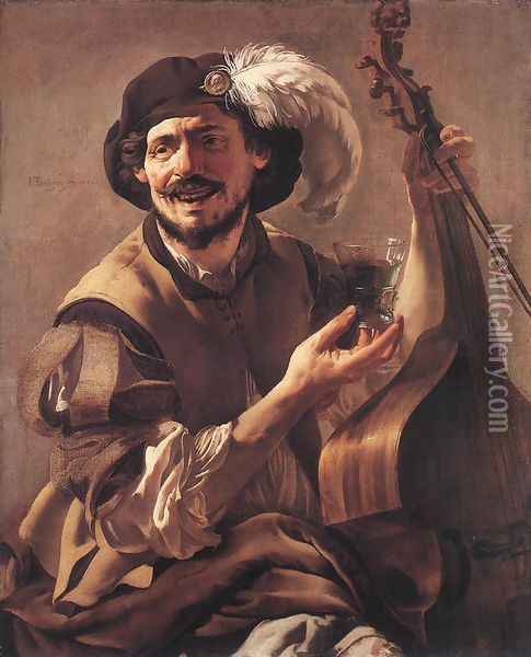 A Laughing Bravo with a Bass Viol and a Glass 1625 Oil Painting - Hendrick Terbrugghen