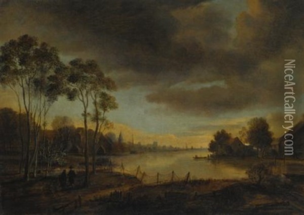 A River Landscape At Dusk With Two Figures Walking Along A Path, A Village Beyond Oil Painting - Aert van der Neer