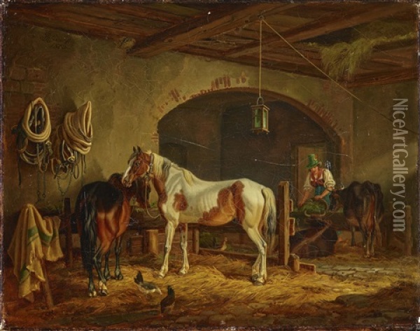 A Brown And A Piebald Horse In The Shed Oil Painting - Johann Adam Klein