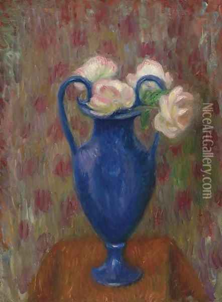 Pink Roses in Blue Urn Oil Painting - William Glackens
