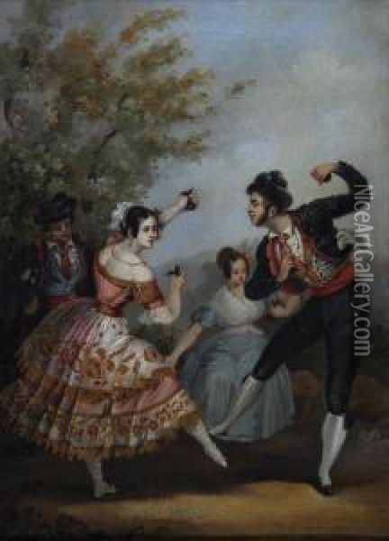 Spanish Dancers With Castanets Oil Painting - Manuel Cabral Aguado Y Bejarano