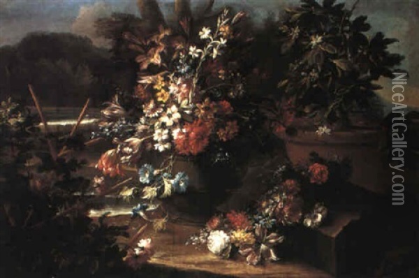 Still Life With Flowers In A Vase In A Garden Oil Painting - Gasparo Lopez