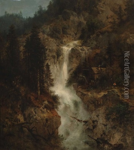 Wasserfall Mit Muhle Oil Painting - Hermann Herzog