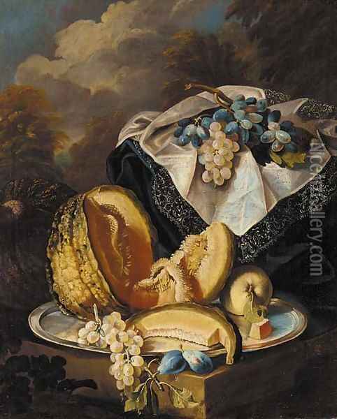 Grapes, melon, an apple and plums on a silver salver Oil Painting - Maximilian Pfeiler