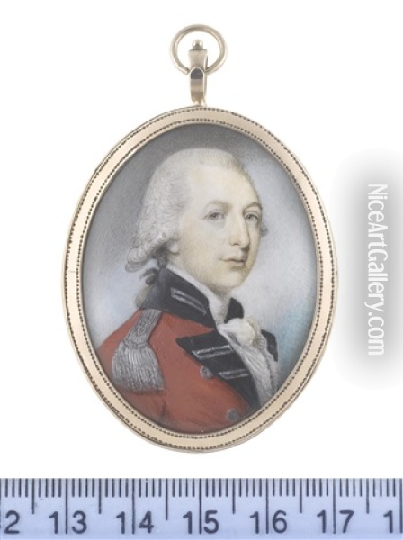 An Officer, Wearing Red Coat With Navy And Silver Facings, Silver Epaulette, White Frilled Chemise And Stock, His Powdered Wig Worn En Queue And Tied With A Black Ribbon Bow Oil Painting - Philip Jean