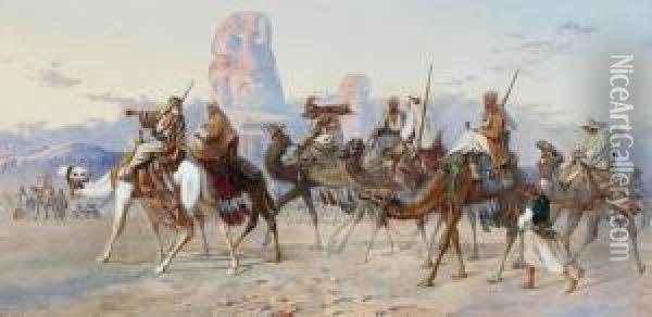 Caravan Passing The Statues Of Mermon In The Plain Of Thebes Oil Painting - Joseph-Austin Benwell