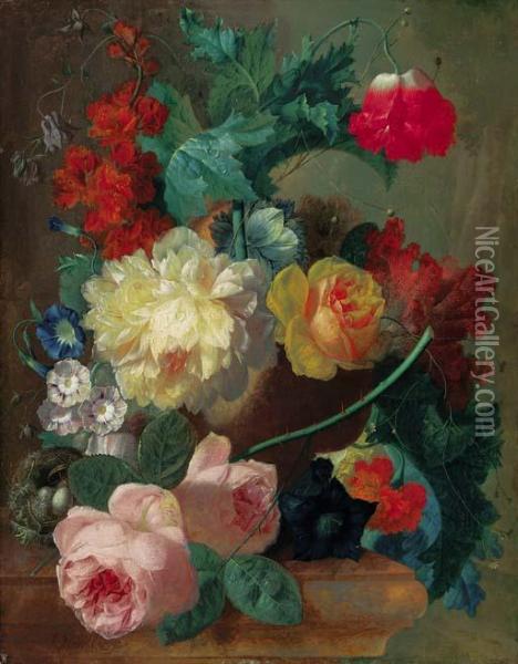 Flowers In A Terracotta Vase Oil Painting - Jan van Os