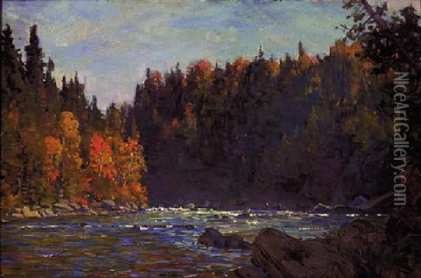 Canoeists On The Gatineau River, Quebec Oil Painting - Peleg Franklin Brownell