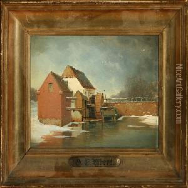 Winter Scenery At A Watermill Oil Painting - Georg Emil Libert