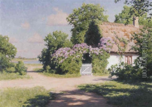 Blommande Syrener Vid Skanelanga - Solig Sommardag Oil Painting - Johan Fredrik Krouthen