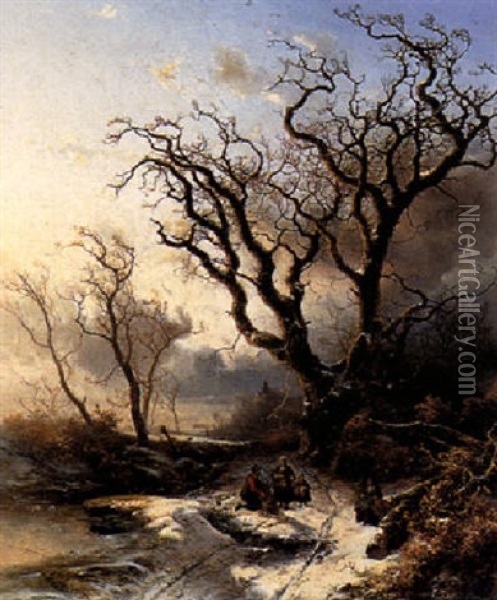 Faggotgatherers In A Wintry Forest Oil Painting - Pieter Lodewijk Francisco Kluyver