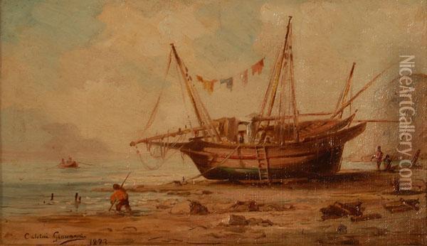 Marina Con Imbarcazione In Secca E Pescatori Oil Painting - Giovanni Calvini