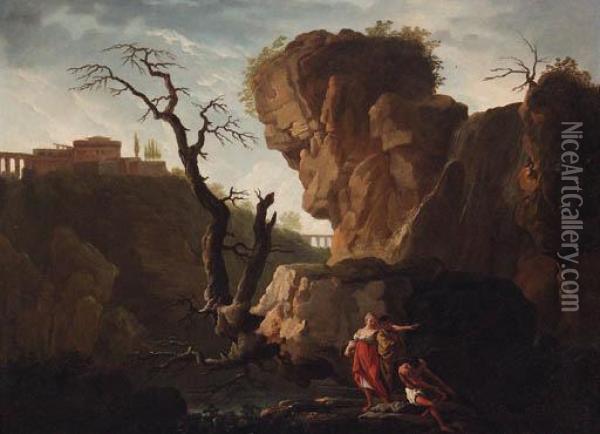 An Italianate Landscape With Figures By A Waterfall Oil Painting - Claude-joseph Vernet