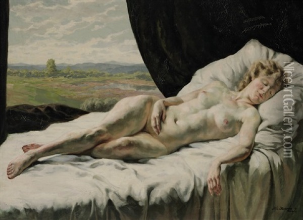 Schlafender Frauenakt Vor Landschaftskulisse Oil Painting - Peter von Hamme-Voitus