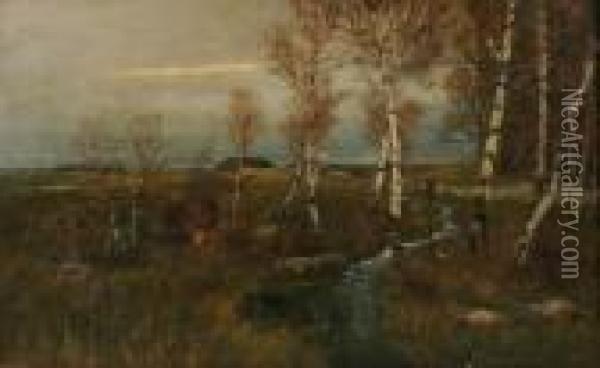 Herbstliche Landschaft Mit Bachlauf Unter Birken Oil Painting - Johann Jungblutt