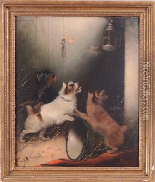 Three Terriers Watching A Mouse In A Lantern Oil Painting - Edward Armfield