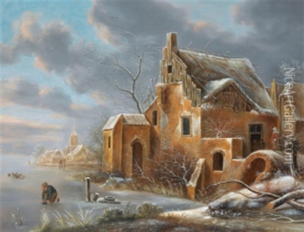 Winterlandschaft Mit Schlittschuhlaufern Vor Einem Dorf Oil Painting - Nicolaes Molenaer