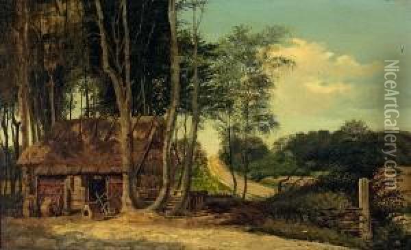 Landscape With A Small Cabin In A Forrest. Signed A. L. 1858. Oil On Plate. 23 X 38 Cm Oil Painting - Anders Christian Lunde