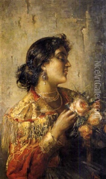 Giovane Donna Con Mazzo Di Rose Oil Painting - Vincenzo Irolli