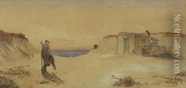 Old Man Carrying Oars In The Dunes Near A Shanty. Signed Lower Right Edmund D. Ashley Oil Painting - Frank B. Ashley Linton