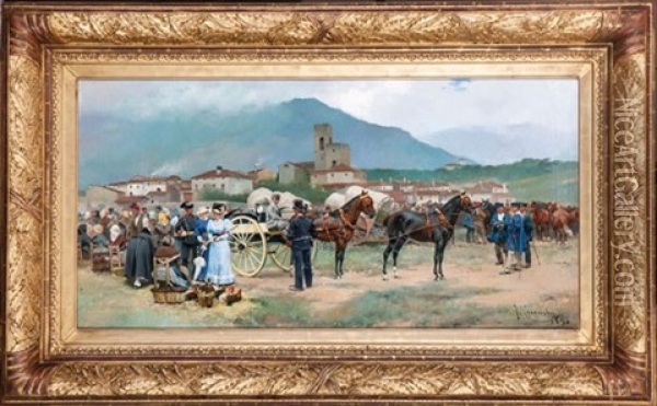 Entrada Del Pueblo Con Soldados Y Caballos En El Mercado Oil Painting - Josep (Jose) Cusachs y Cusachs
