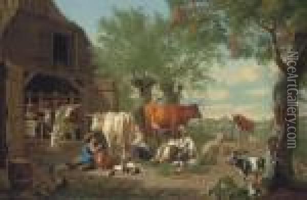 A Farmyard With A Milkmaid And A Herdsman Oil Painting - Jan van Gool