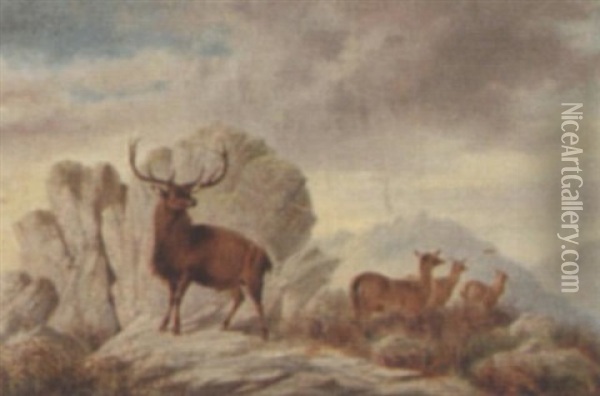A Stag And Deer In A Highland Landscape Oil Painting - William Perring Hollyer