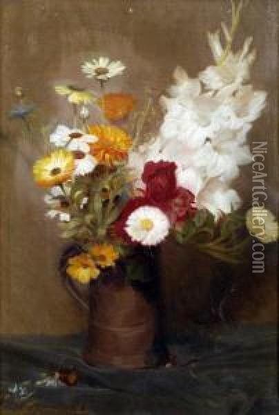 Still Life, Gladiola, Marigold And Other Flowers Oil Painting - Ernest Townsend