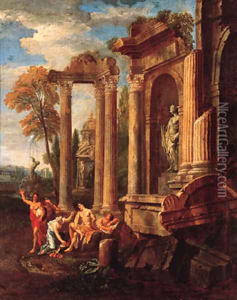 Italianate landscapes with figures amongst classical ruins Oil Painting - Johann Heinrich Schnfeldt