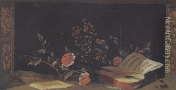 Stilleben Mit Blumen, Gitarre Und Noten Oil Painting - Henri Horace Roland de la Porte