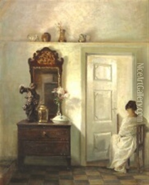 Interior With The Artist's Wife Sitting In The Doorway Oil Painting - Carl Vilhelm Holsoe